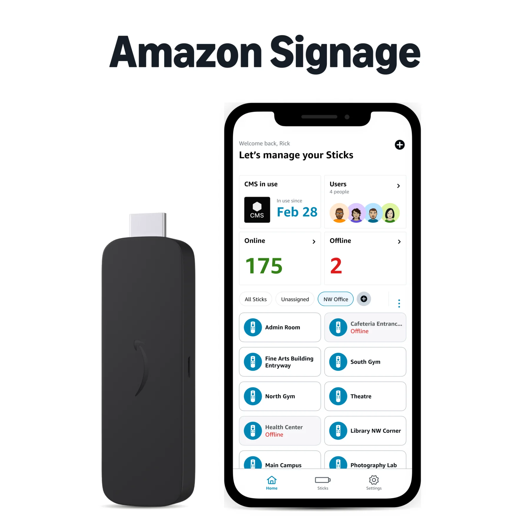 Amazon Signage Stick neben der Amazon Signage App auf einem Smartphone