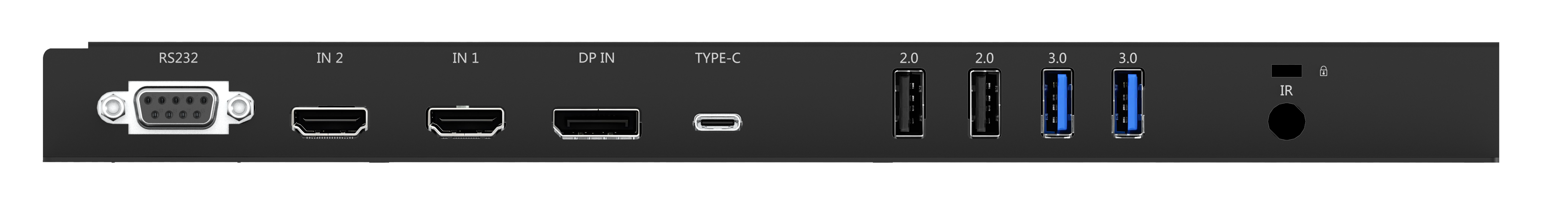 Anschlussleiste 1: RS232, 2× HDMI-Eingang, DisplayPort, USB-C, 2× USB 2.0, 2× USB 3.0, IR