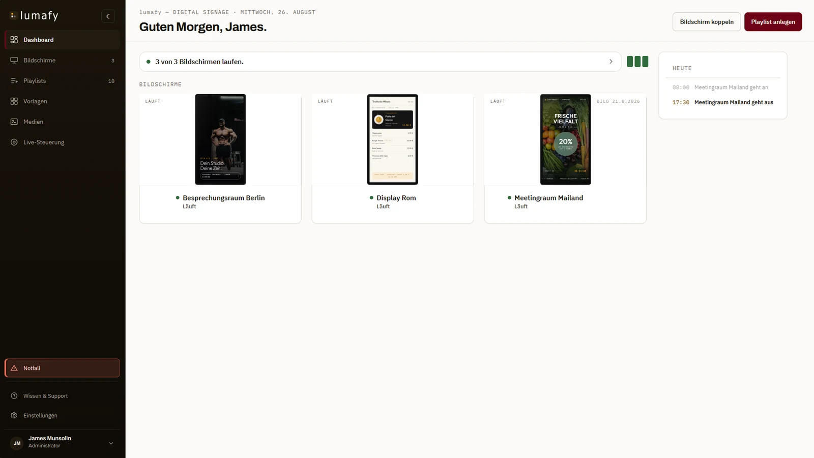 lumafy in the browser: overview of three screens and their status